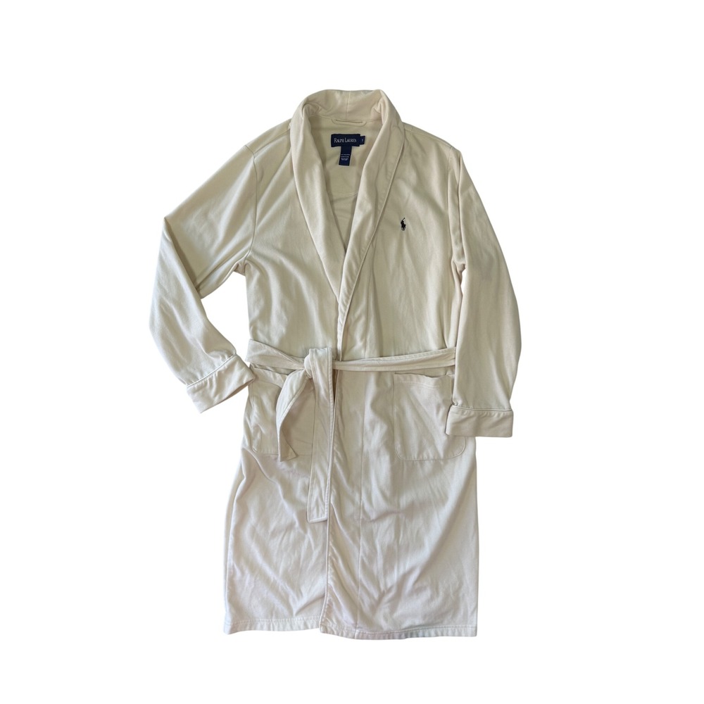 RALPH LAUREN Women's Cream Fleece Shawl Collar Robe Embroidered Pony Size S